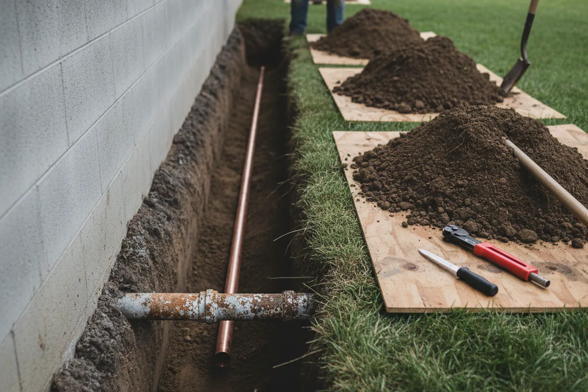 Excavated water line trench during Sewer Line Repair in Granby
